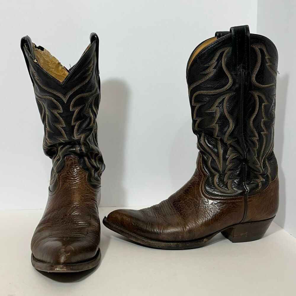 Tony Lama Brown Leather Western Cowboy Boots with Black Shaft